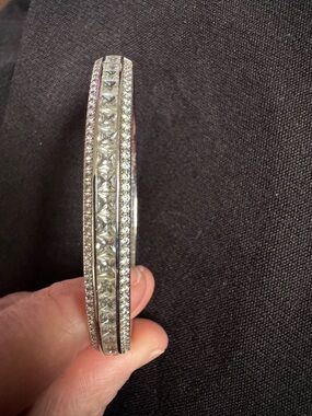 Fashion Jewelry Silver-Tone Crystal Pavé Hinged Bangle Bracelet engraved